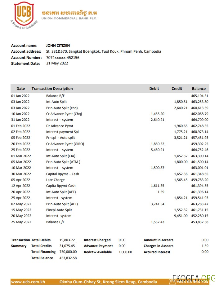 Relevé bancaire de l'Union commerciale du Cambodge